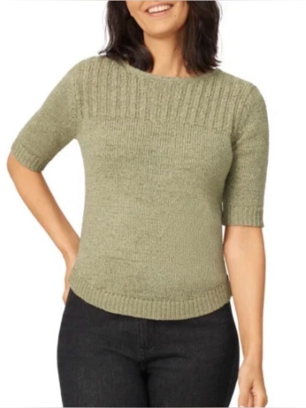 Melissa Paige Womens Elbow Sleeve Ribbed Edge Tape Yarn Sweater Tea
Green Sz L